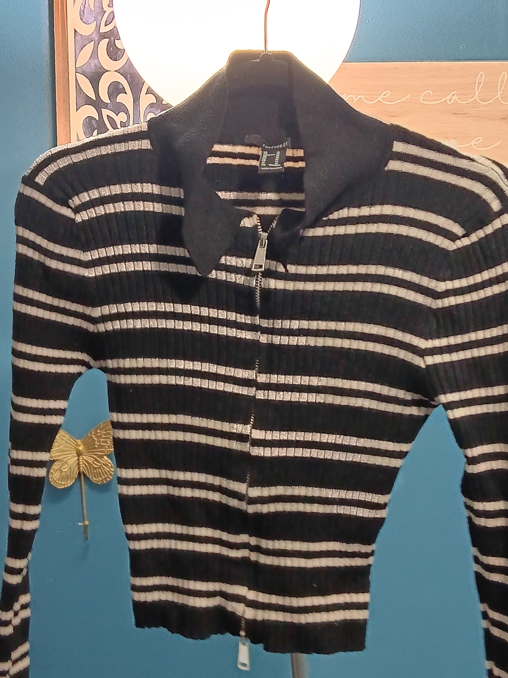 Forever 21 Black and White Striped Zip Front Ribbed Sweater